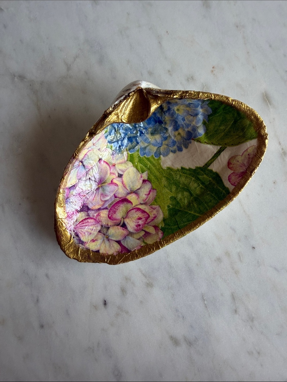 Decoupage Floral Shell Trinket Dish in Gold
